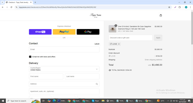 A screenshot of Tippy Taste Jewelry checkout page of working coupon code 