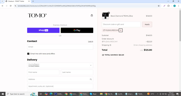 A screenshot of Tomo Bottle checkout page of working coupon code 