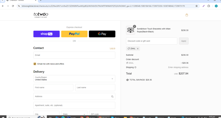 A screenshot of Totwoo checkout page of working coupon code 