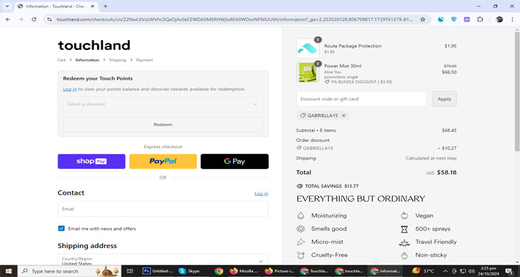 A screenshot of Touchland checkout page of working coupon code 