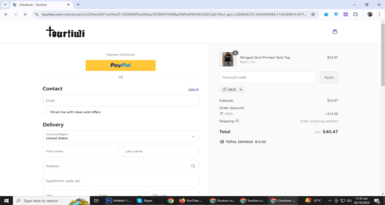 A screenshot of Tourtiwi checkout page of working coupon code