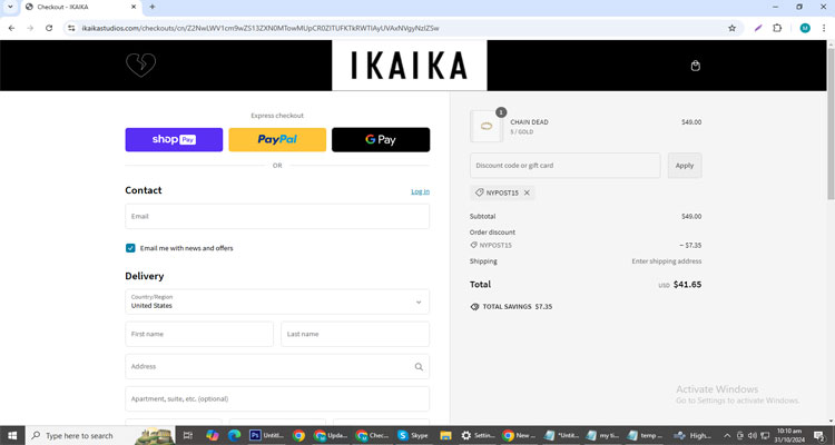 A screenshot of Tristen Ikaika checkout page of working coupon code 