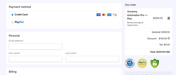A screenshot of uncanny automator checkout page showing a working coupon code 