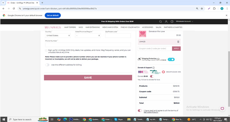  A screenshot of Uniwigs checkout page of working coupon code 