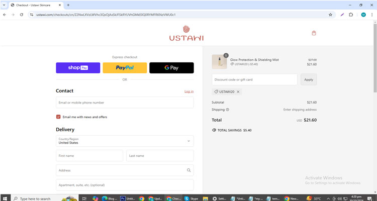 A screenshot of Ustawi checkout page of working coupon code 