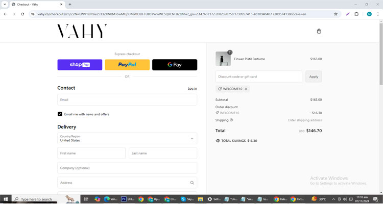 A screenshot of Vahy checkout page of working coupon code 