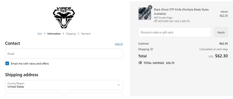 A screenshot of viper tec checkout page showing a working coupon code 