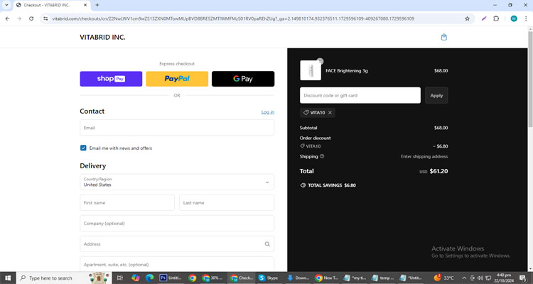 A screenshot of Vitabrid  checkout page of working coupon code 