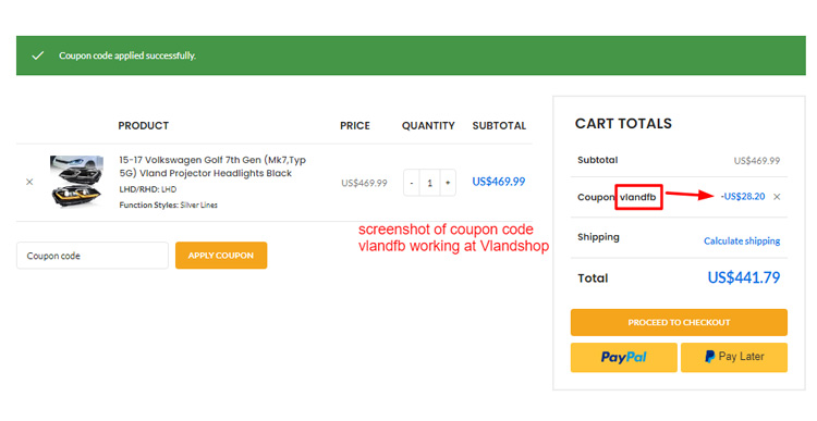 A screenshot of Vlandshop checkout page with a working coupon code