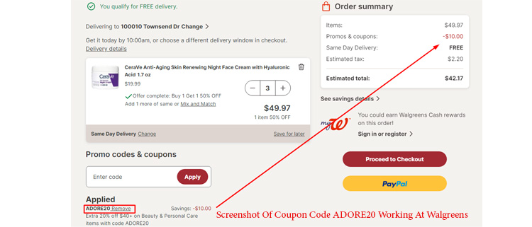 A screenshot of walgreens checkout page showing a working coupon code
