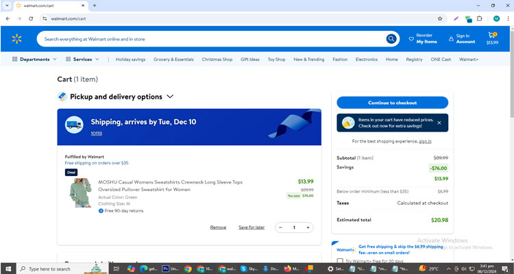 A screenshot of Walmart checkout page of working coupon code 