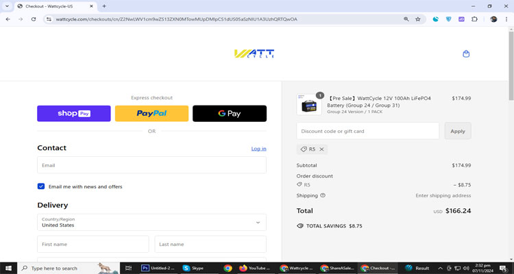 A screenshot of Wattcycle checkout page of working coupon code