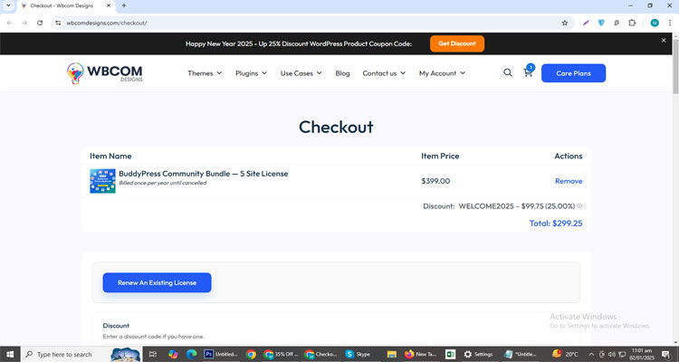 A screenshot of Wbcom Designs checkout page of working coupon code 