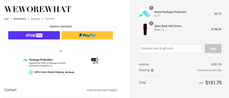 A screenshot of we wore what checkout page showing a working coupon code 