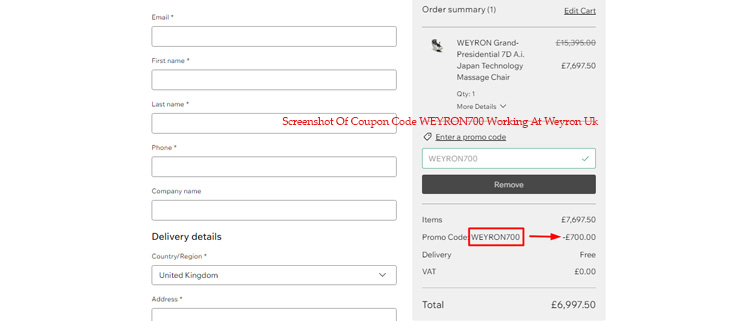 A screenshot of weyron uk's checkout page showing a working coupon code 