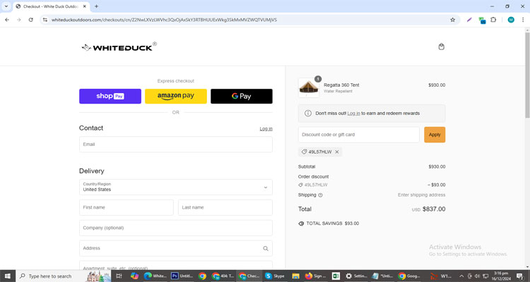 A screenshot of White Duck Outdoors checkout page of working coupon code 