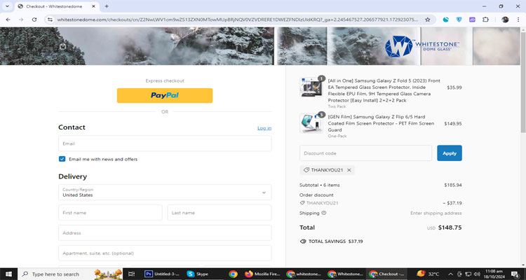 A screenshot of  Whitestone Dome checkout page of working coupon code