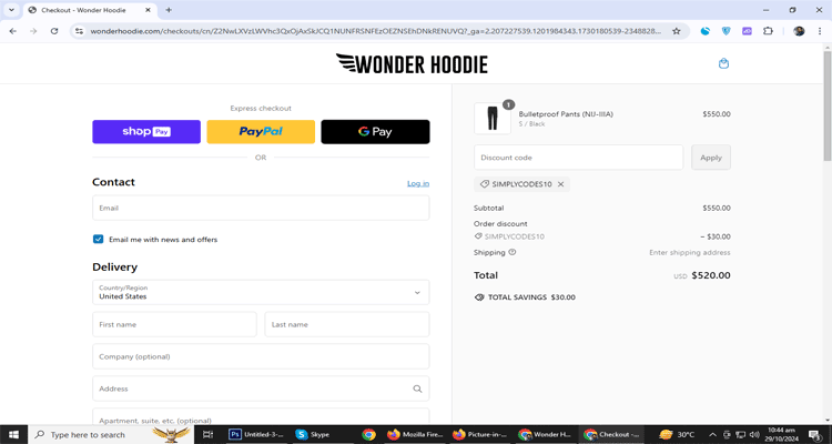 A screenshot of Wonder Hoodie checkout page of working coupon code 