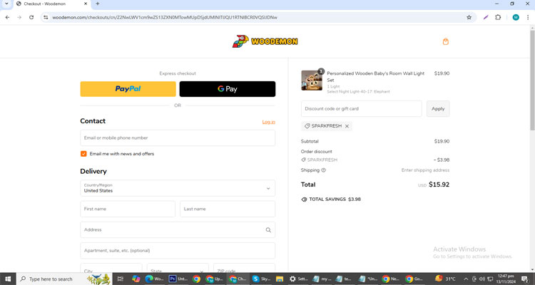 A screenshot of Woodemon checkout page of working coupon code