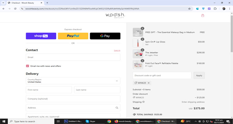 A screenshot of woosh beauty checkout page of working coupon code 