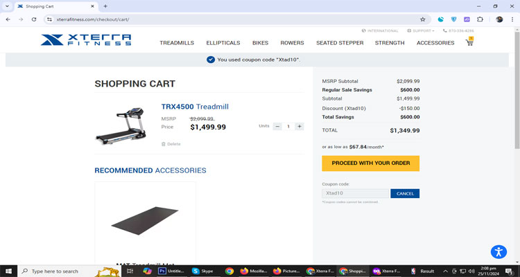 A screenshot of Xterra Fitness checkout page of working coupon code 