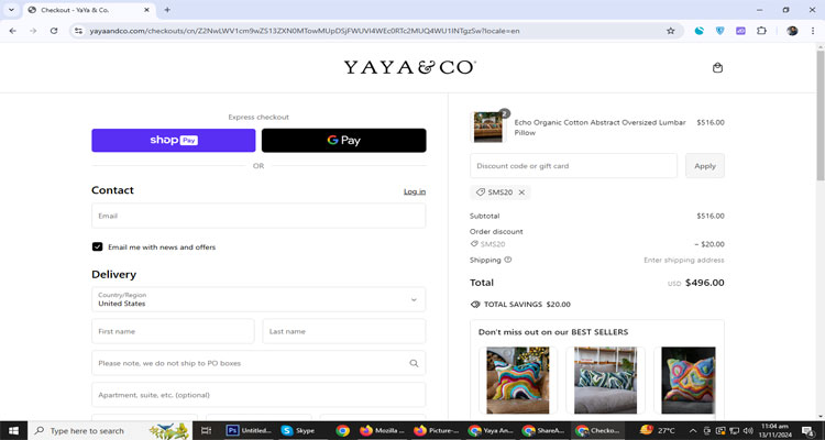 A screenshot of Yaya and co checkout page of working coupon code