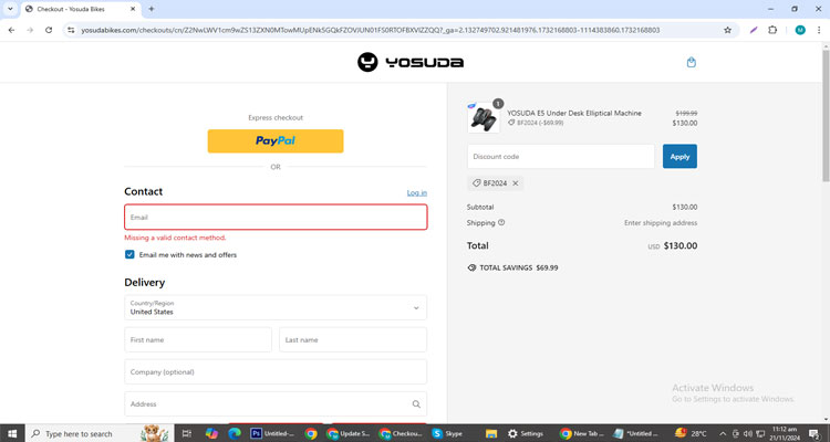 A screenshot of Yosuda Bikes checkout page of working coupon code 