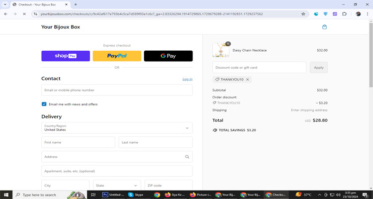 A screenshot of Your Bijoux Box  checkout page of working coupon code 