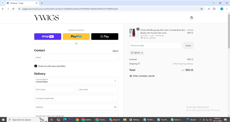 A screenshot of Ywigs checkout page of working coupon code 